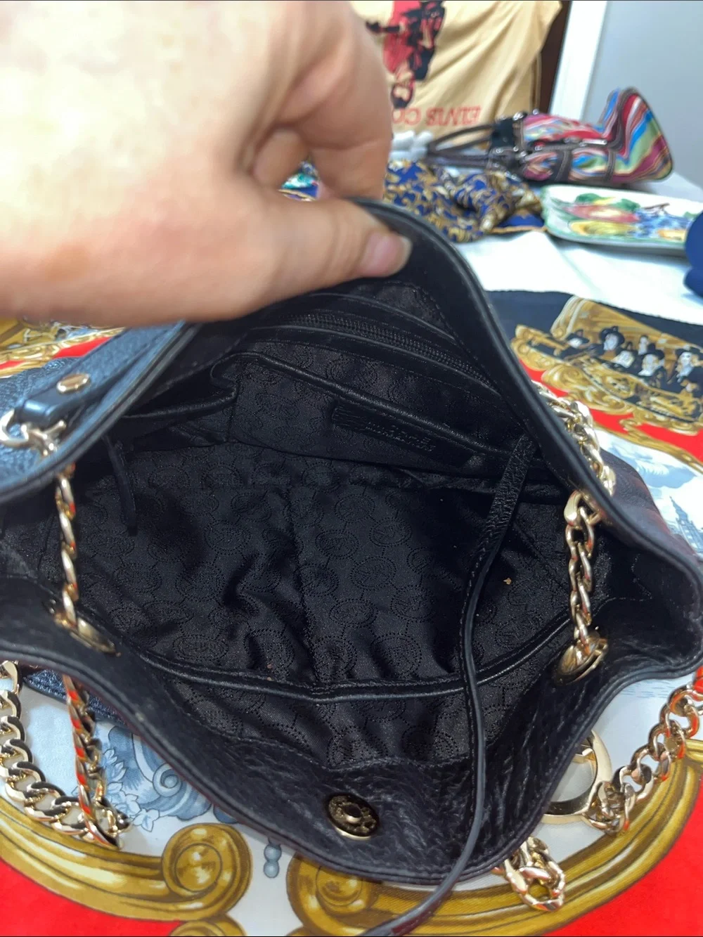 AUTHENTIC Michael Kors Black Pebbled Leather Shoulder Bag with Gold Chain